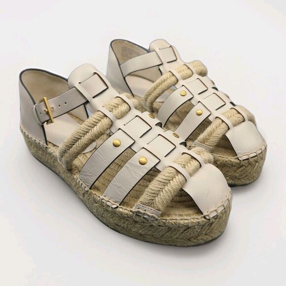 TORY BURCH FISHERMAN Sandals Platform Espadrille Wedge IVORY Leather Sz 10.5 NEW
